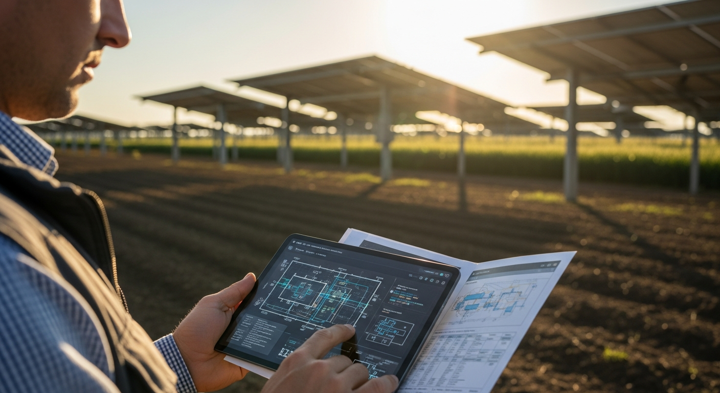 Projektentwickler prüft Agri-PV Planungsunterlagen mit Tablet vor hochaufgeständerter Solaranlage auf einem Feld