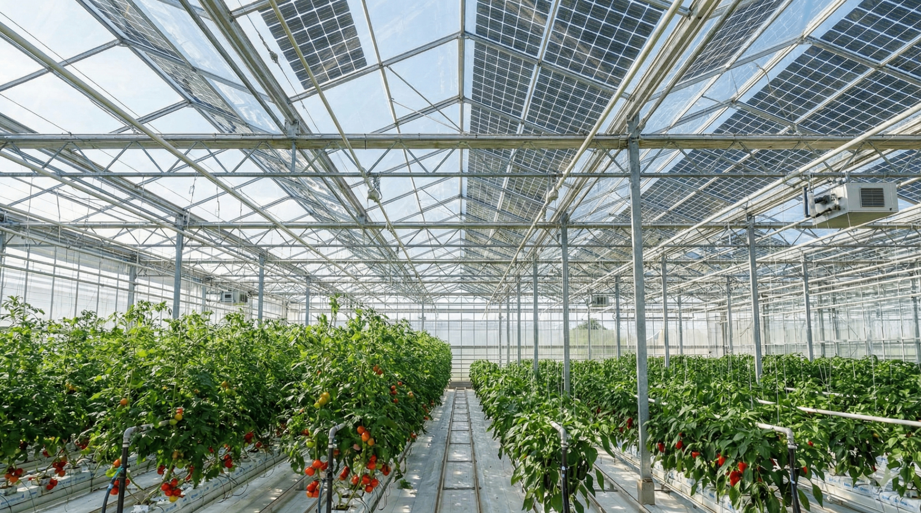 Modernes Gewächshaus mit integrierten Solarmodulen im Glasdach – Tomatenpflanzen wachsen unter der semi-transparenten PV-Überdachung