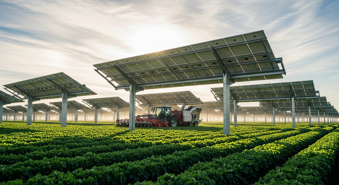 Hochaufgeständerte Agri-PV-Anlage mit Traktor bei der Ernte – landwirtschaftliche Maschinen arbeiten unter den Solarmodulen auf grünem Salatfeld