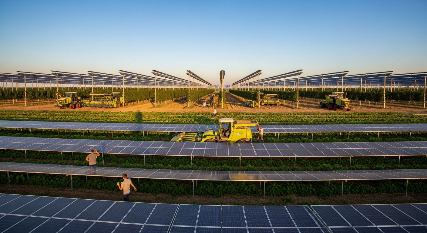 Agri-PV Anlage über Hopfenfeld mit Erntemaschinen – hochaufgeständerte Module der Kategorie II ermöglichen maschinelle Ernte unter den Solarmodulen