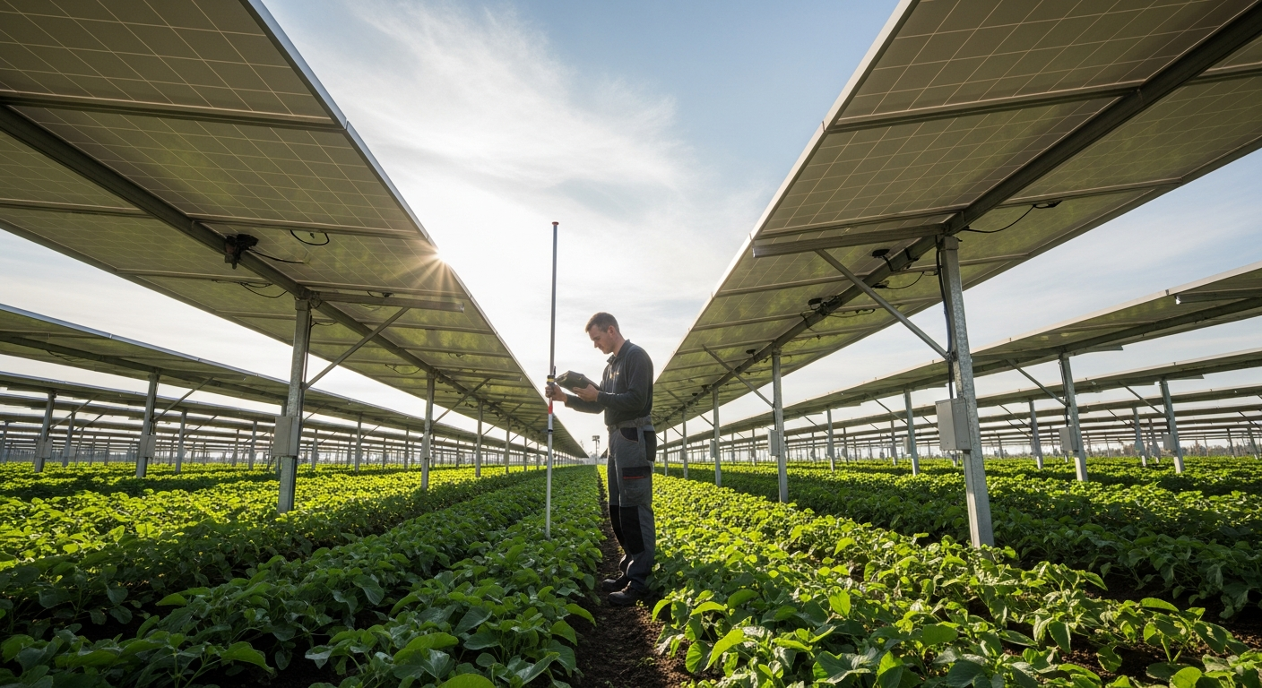 Techniker überprüft hochaufgeständerte Agri-PV-Anlage über grünem Gemüsefeld – Qualitätskontrolle und Monitoring einer zertifizierten Agri-Photovoltaik-Anlage