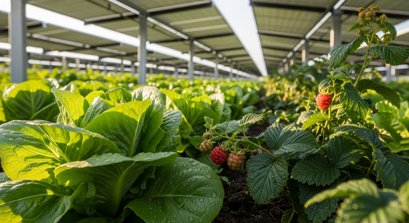 Salat und Beerenpflanzen wachsen unter einer hochaufgeständerten Agri-PV-Anlage – Tautropfen auf den Blättern zeigen die verbesserte Feuchtigkeitsversorgung durch Teilverschattung