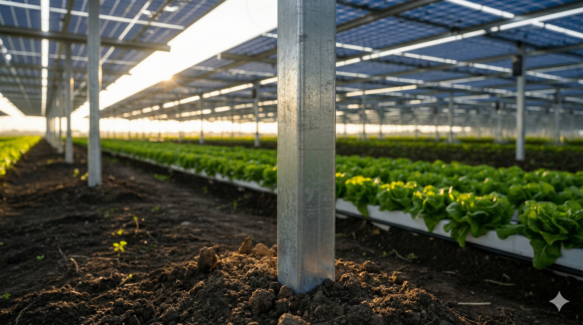 Hochaufgeständerte Agri-PV-Anlage über grünem Salatfeld – Solarmodule bieten Schutz und ermöglichen gleichzeitig landwirtschaftliche Nutzung