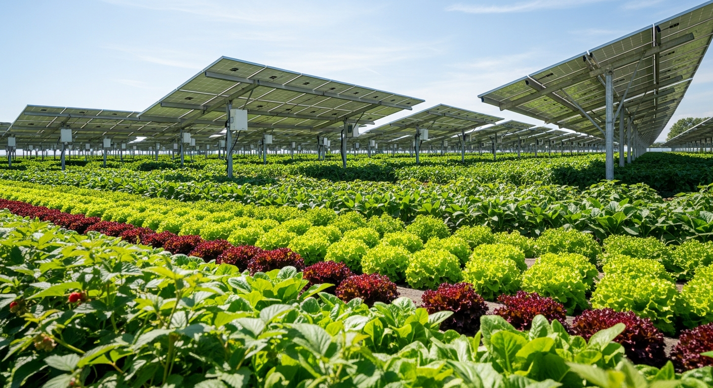 Hochaufgeständerte Agri-PV Tracker-Anlage über buntem Salatfeld – Sonnennachführung für maximalen Ertrag bei Salat, Erdbeeren und Gemüseanbau