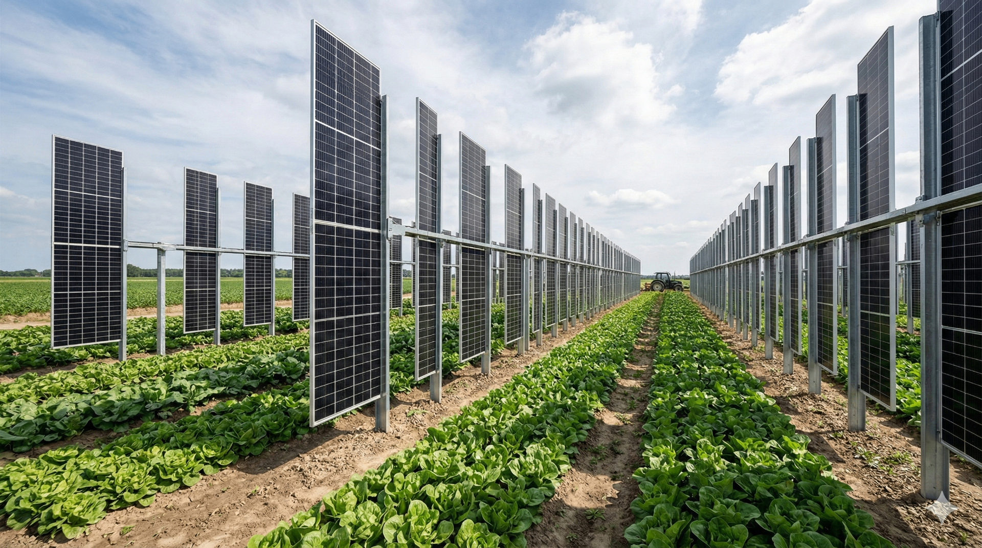 Vertikale Agri-PV-Anlage mit bifazialen Solarmodulen auf einem Feld – moderne Technologie für doppelte Flächennutzung