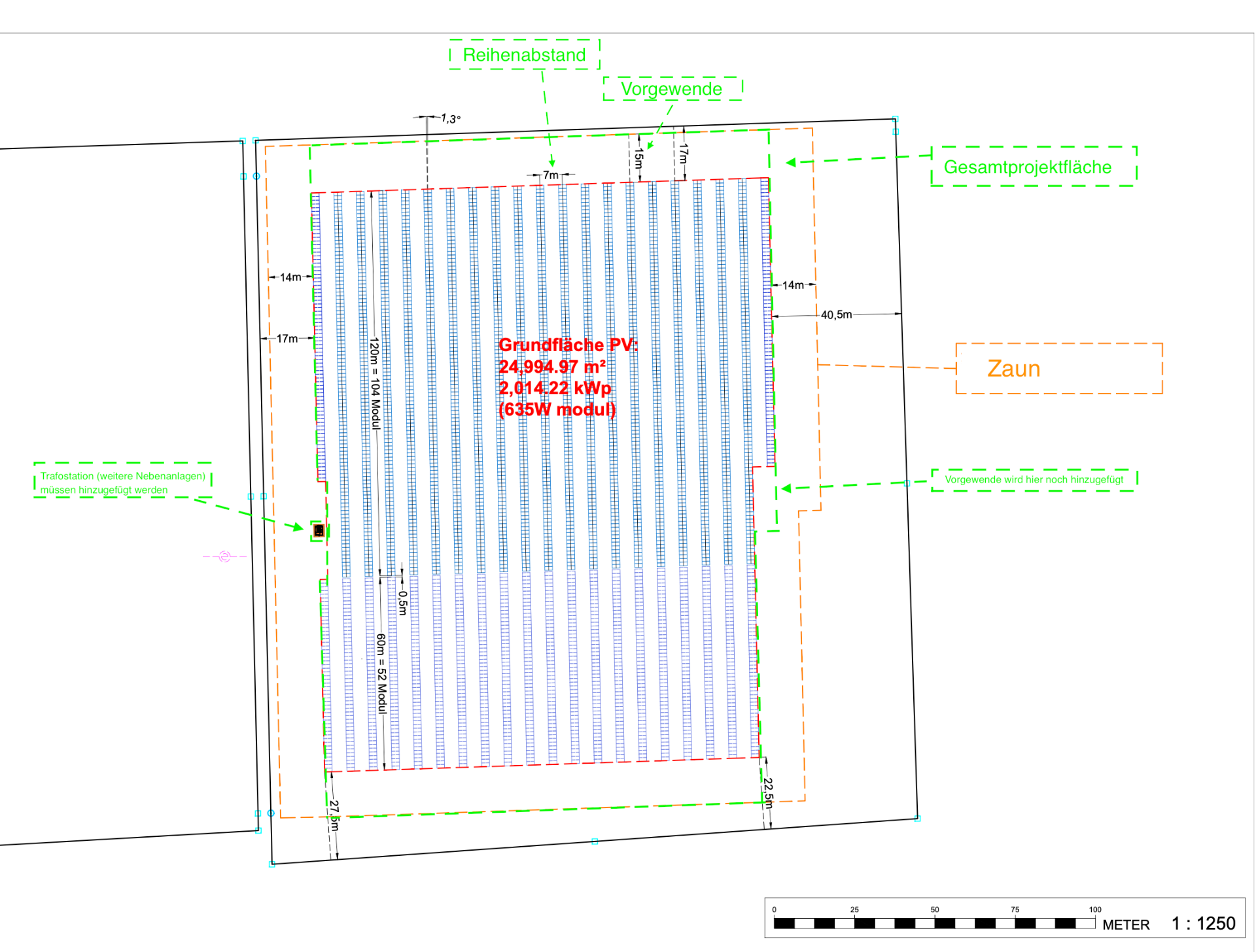 Muster-Belegungsplan einer Agri-PV-Anlage in Draufsicht mit Gesamtprojektfläche, Vorgewende, Reihenabstand und Nebenanlagen