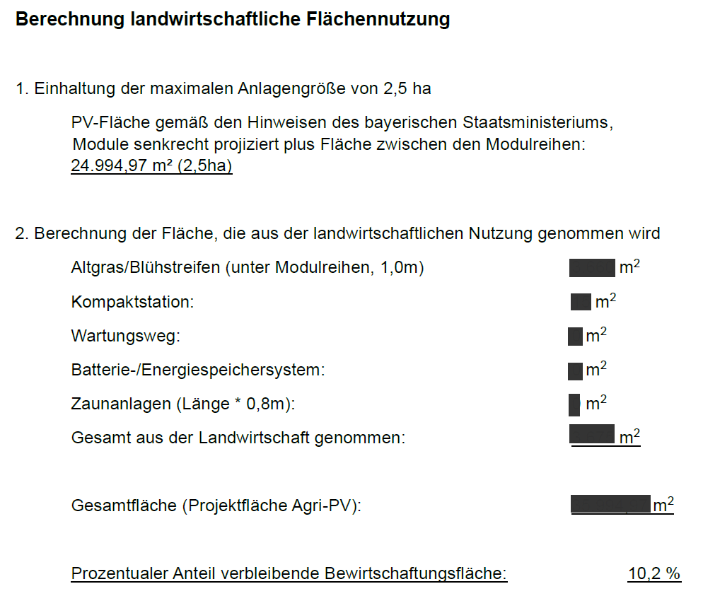 Exemplarische Berechnung der landwirtschaftlichen Flächennutzung bei einer Agri-PV-Anlage mit Angaben zu Blühstreifen, Kompaktstation, Wartungsweg, Batteriespeicher und Zaunanlagen