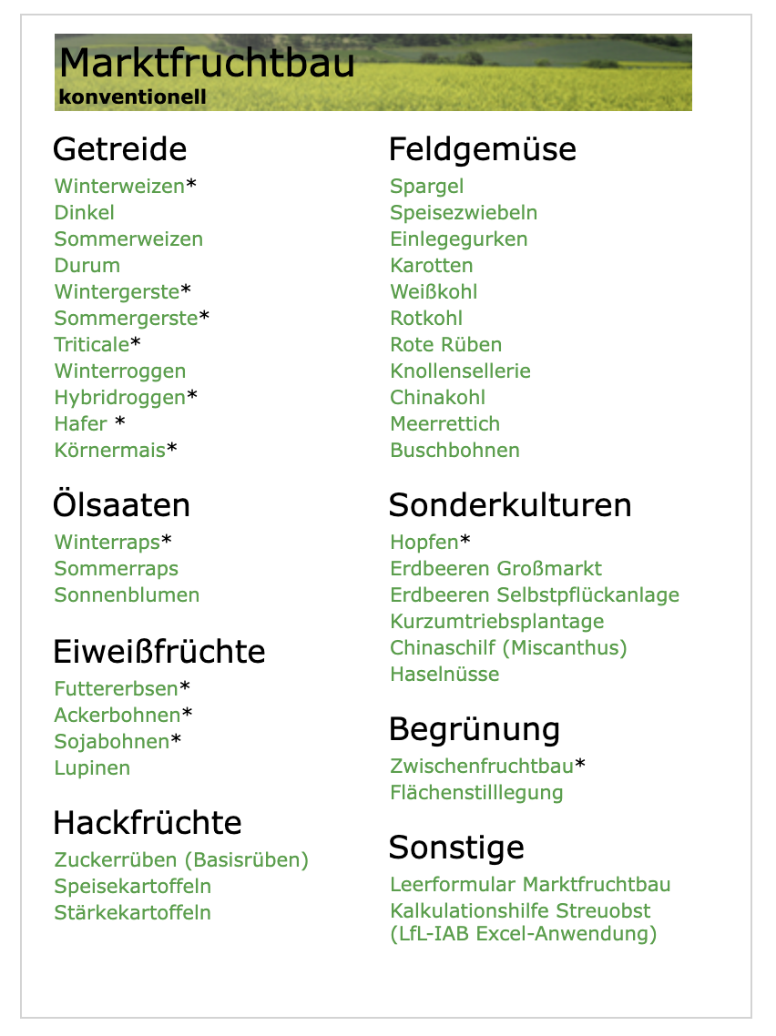 LfL Deckungsbeitragsrechner – Übersicht der konventionellen Marktfruchtbau-Kulturen für die Agri-PV Wirtschaftlichkeitsberechnung