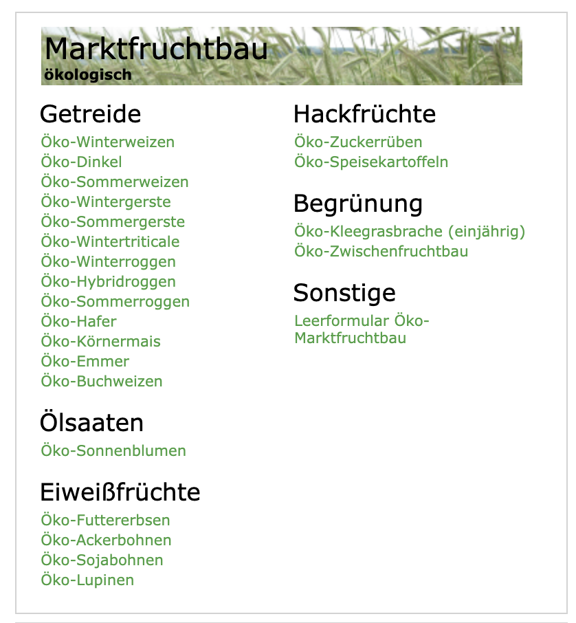 LfL Deckungsbeitragsrechner – Übersicht Marktfruchtbau ökologisch mit Öko-Getreide, Öko-Ölsaaten und weiteren Kategorien