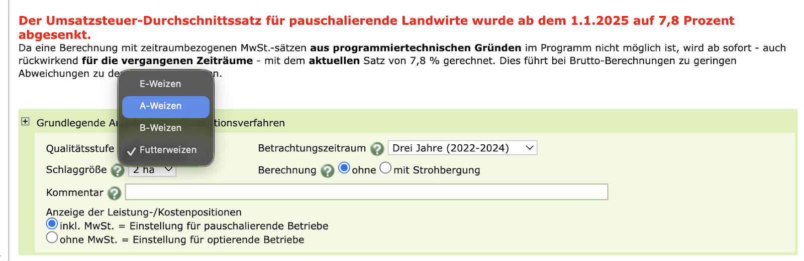 LfL Deckungsbeitragsrechner Winterweizen – Qualitätsstufe A-Weizen auswählen und Grundeinstellungen vornehmen
