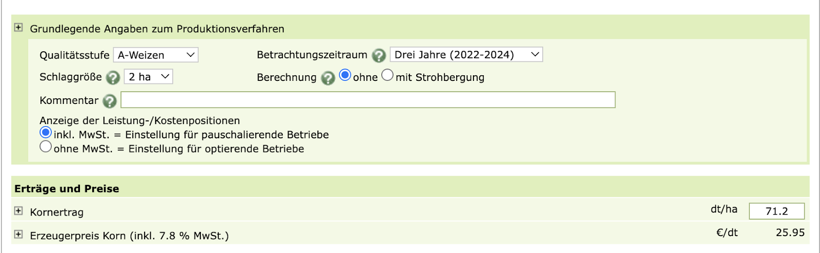 LfL Deckungsbeitragsrechner – Kornertrag 71,2 dt/ha für Winterweizen vor Anpassung der Agri-PV-Verluste
