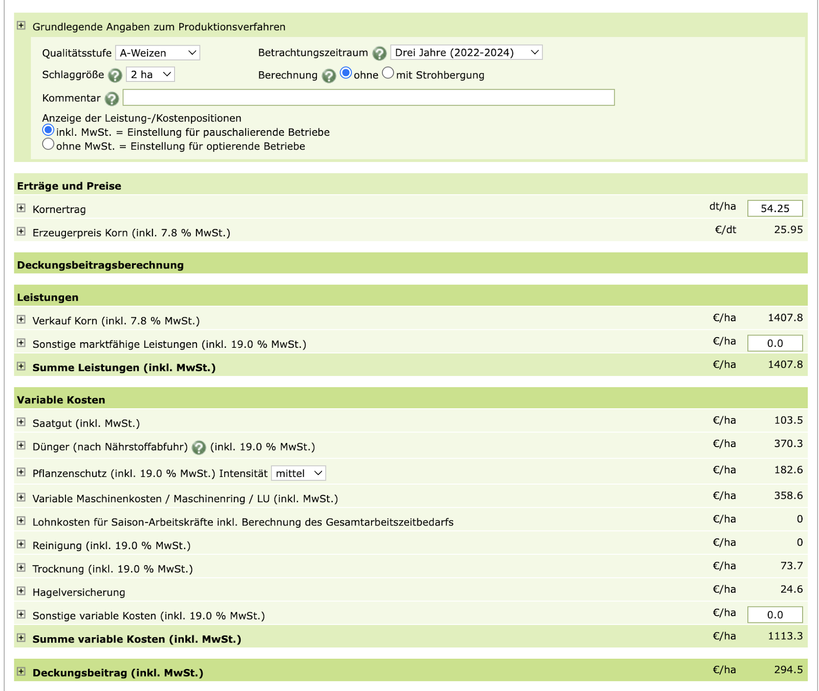 LfL Deckungsbeitragsrechner – Deckungsbeitragsberechnung mit Leistungen, variablen Kosten und Ergebnis für Winterweizen