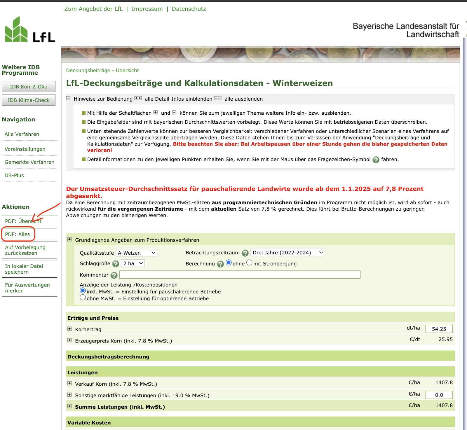 LfL Deckungsbeitragsrechner – PDF-Export über den Aktionen-Reiter mit markiertem Button PDF Alles