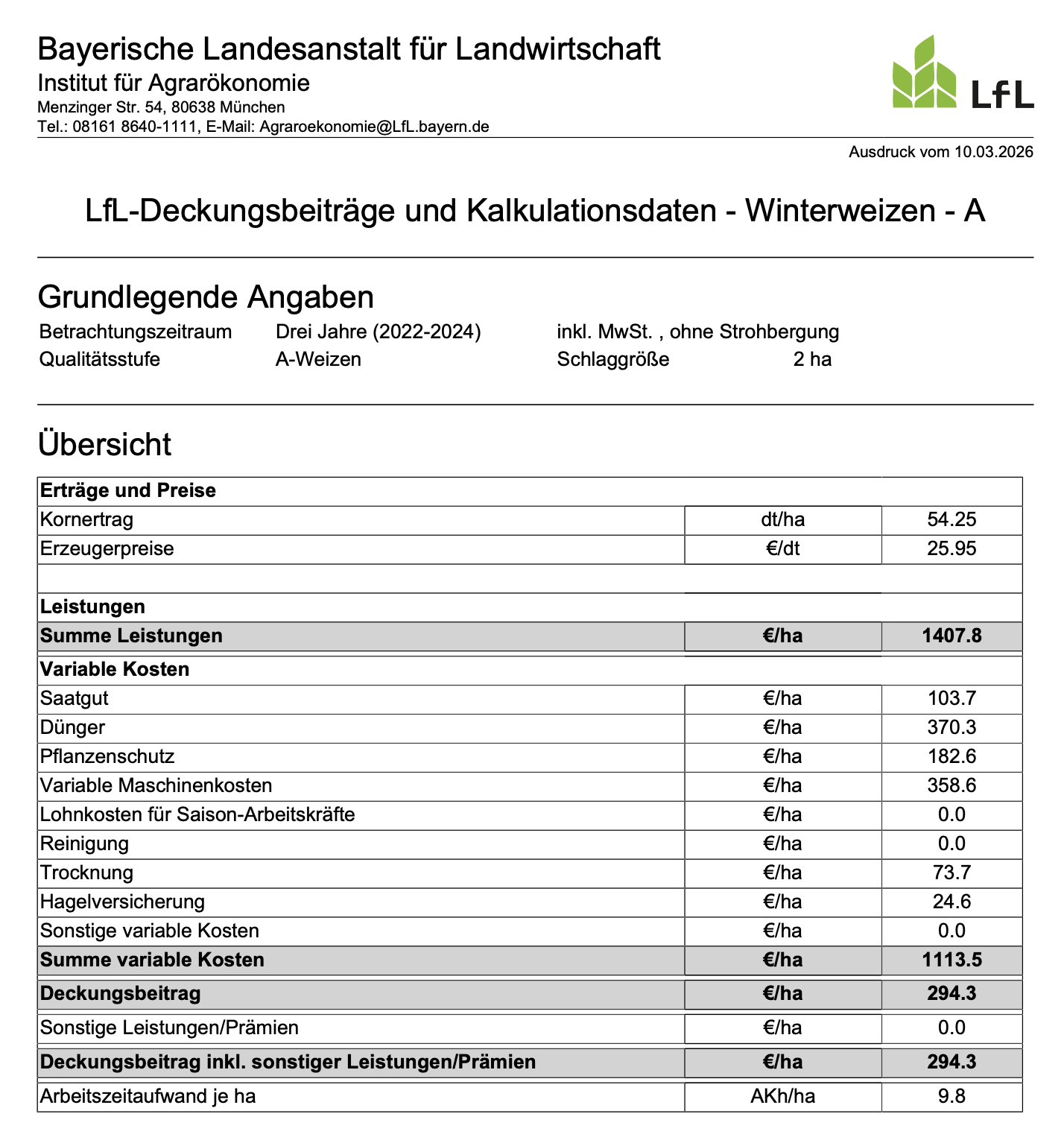 LfL Deckungsbeitragsrechnung Winterweizen – Übersicht mit Erträgen, Preisen, Leistungen, variablen Kosten und Deckungsbeitrag