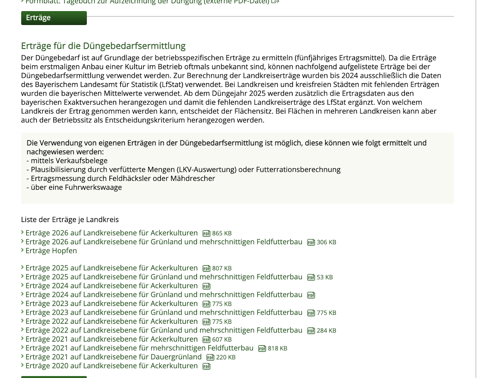 LfL Bayern Website mit Erträgen für die Düngebedarfsermittlung – Landkreiserträge als Basis für Agri-PV Referenzerträge