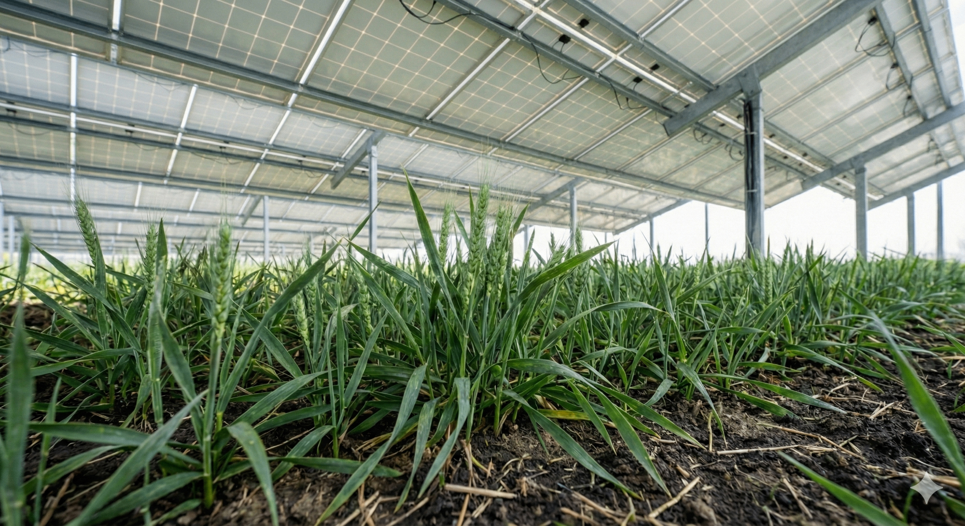 Junger Winterweizen wächst unter einer Agri-PV-Anlage mit Tracker-Modulen – die grünen Halme zeigen gesundes Wachstum trotz Teilverschattung