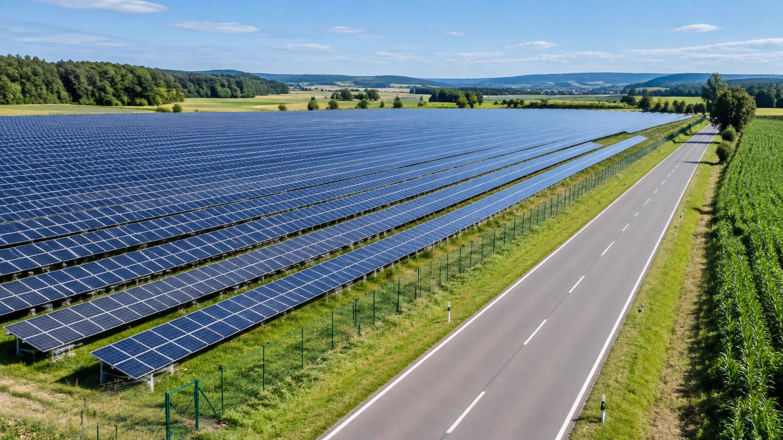 Freiflächen-Solarpark neben einer Straße