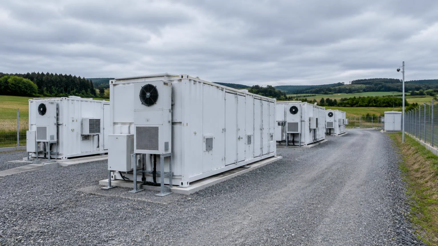 Batteriespeicher-Container mit Kühlaggregaten im Außenbereich